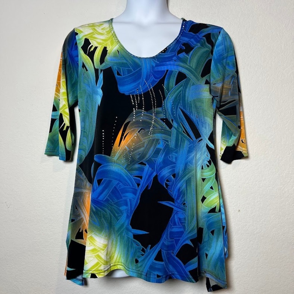 Valentina Tunic Top M Blue Green Tropical Abstract Sharkbite Hem Rhinestone
